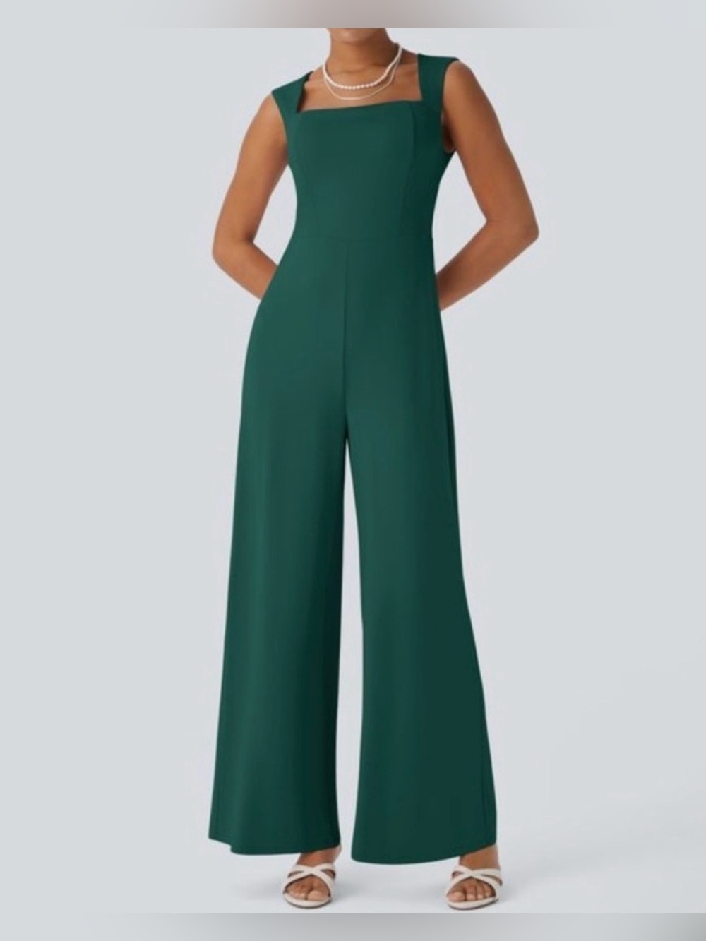 Simple Elegant Forest Green Square Neck Halara Floor Length Jumpsuit